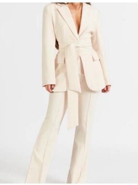 Cream Self-Tie Blazer with Matching Trousers